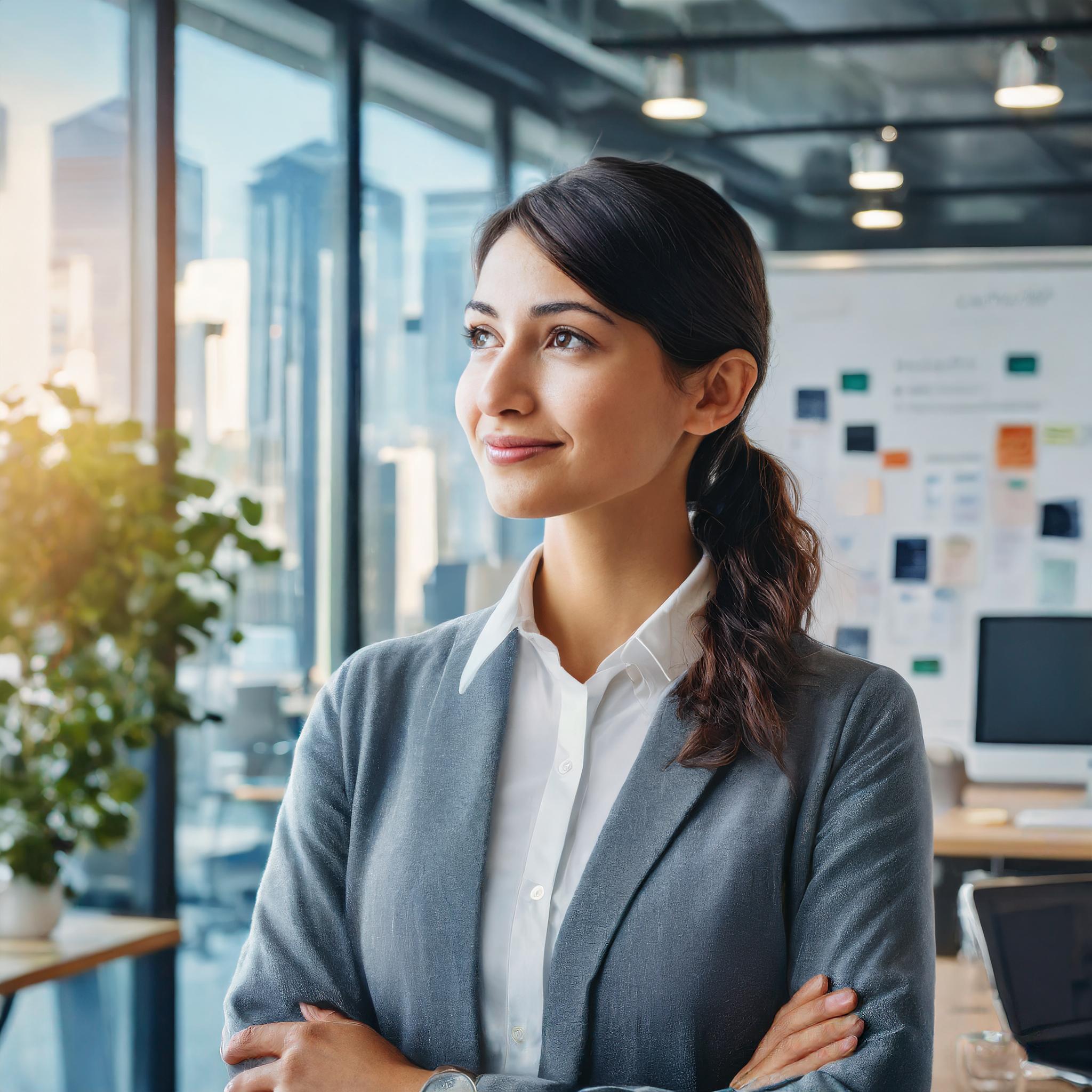 A thoughtful leader standing confidently in a modern office